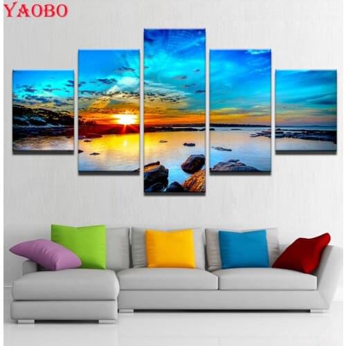 5 PCS 5D DIY Diamond Painting Cross Stitch Seaside Sunrise Sea Reef Pictures Full Round Diamond Embroidery Rhinestone Mosaic