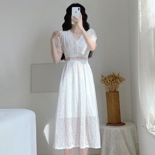 New Women Elegant Prom Voile Dresses Sweet & Embroidery Mesh Dress Perspective Swing Full Sleeves Lace Mid-calf Dress