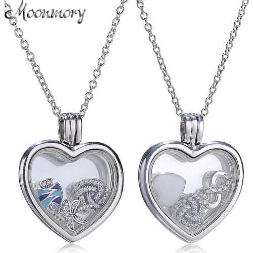 Moonmory Authentic 925 Sterling Silver Floating Heart Locket Necklace With Crystal Glass and Petite Elements Charms Jewelry