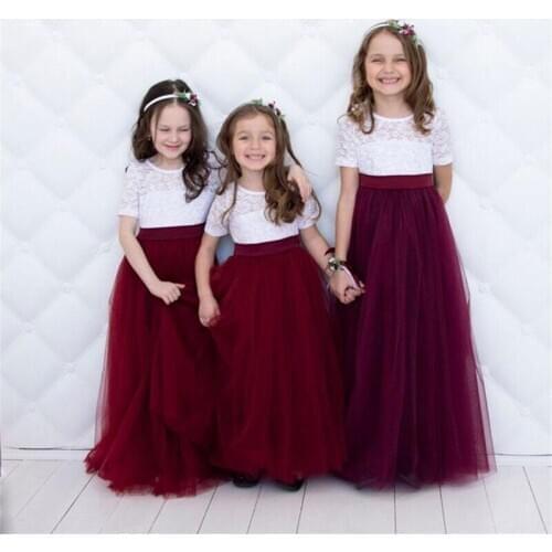 Flower Girls Dress Tulle Lace Wedding Birthday Party Dress For Girl Bow Back Long First Communion Dress O-Neck Short Sleeve