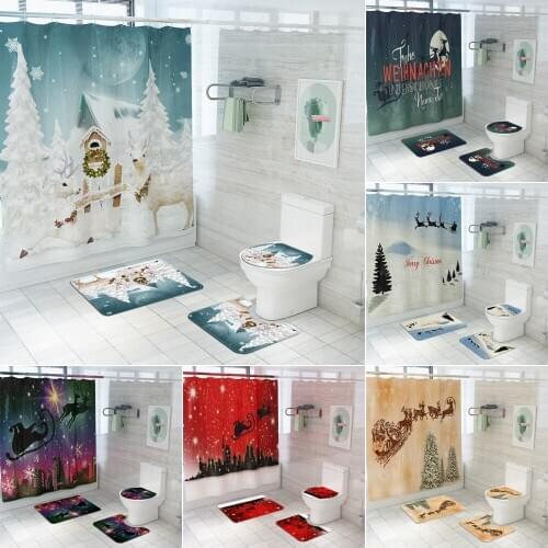 Merry Christmas Shower Curtain Santa Claus Bathroom Set Sleigh Elk Pattern Bath Curtains Non Slip Toilet Cover Floor Mat Rug