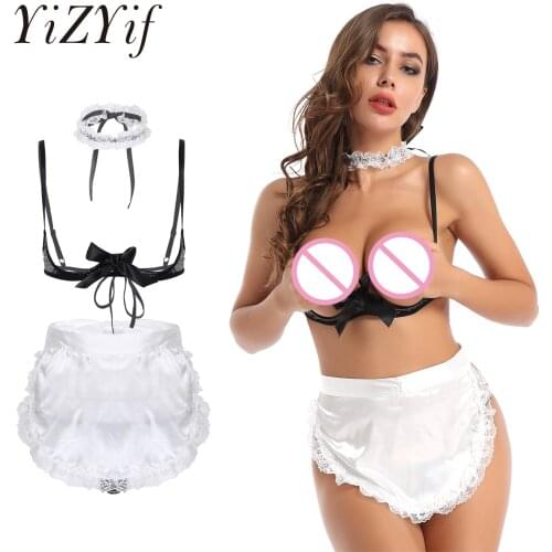 Sexy Japanese Anime Maid Cosplay Costumes Kawaii Apron Lingerie Erotic Outfit Woman Lace Trim Sleepwear with Apron Neck Strap