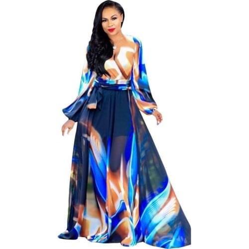 Chiffon Print Loose Dress Womens Full Sleeve V-neck Belt Long Dress Casual Beach Long Summer Dress Large Size XL-5XL