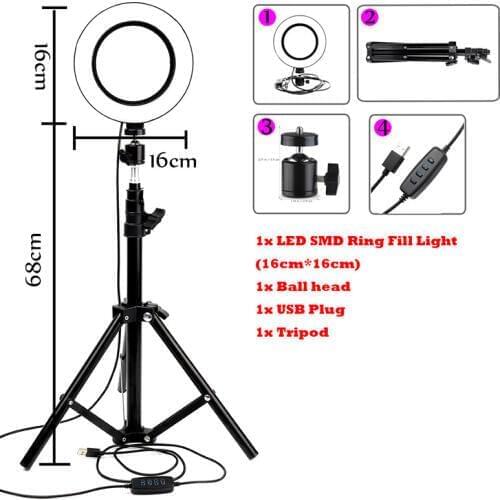 16cm Dimmable Selfie LED Lamp 5500K Camera Studio Video Ring Light Photographic Lighting Lamp With 68cm Tripod Stand US Plug