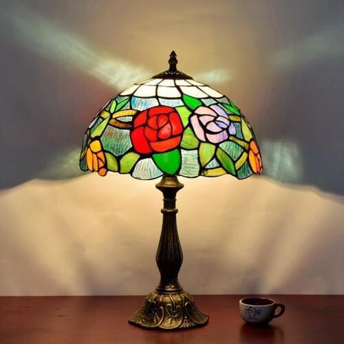 Vintage Retro rose Stained Glass Lampshade Tiffany Table Lamp Country Style Bedside Lamp E27 110-240V
