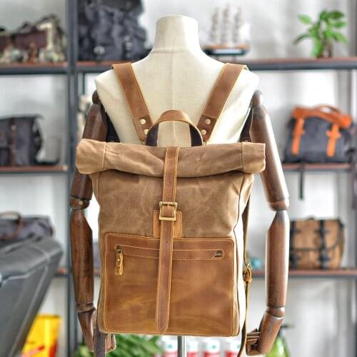 M472 New Arrive Waterproof Rucksacks Simple Retro Wax Canvas Backpack Mens Casual Backpacks With Leather Bag Square School Bag