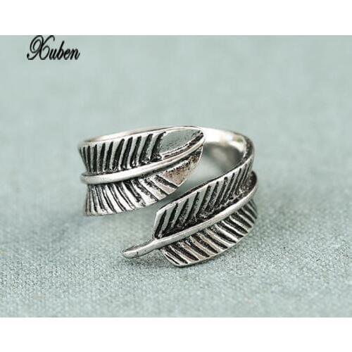 Xuben Retro tide male personality titanium steel punk ring Indian feather open ring unisex jewelry