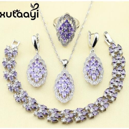XUTAATI 4PCS Sterling Silver Jewelry Set Flower Purple Zircon Earrings Ring Necklace Pendant Bracelet Made China