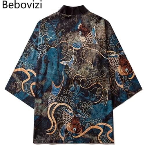 Japanese Samurai Men Asian Clothes Harajuku Cardigan Shirt Haori Women Traditional Yukata Female Carp Print Kimono Pants Set