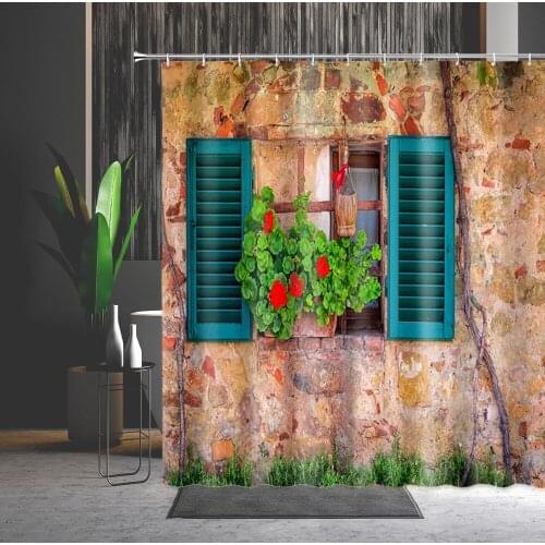 Beautiful Flower Window Shower Curtain Retro Shabby Brick Stone Wall Wooden Door Printed Polyester Washable Bathroom Curtains