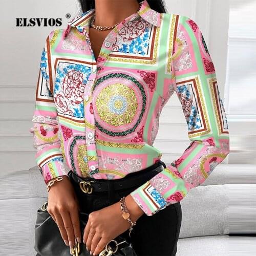2021 New Autumn Women Elegant Office Blouse Casual Turn-down Collar Buttons Shirts Blouse Spring Fashion Vintage Printed Blouses