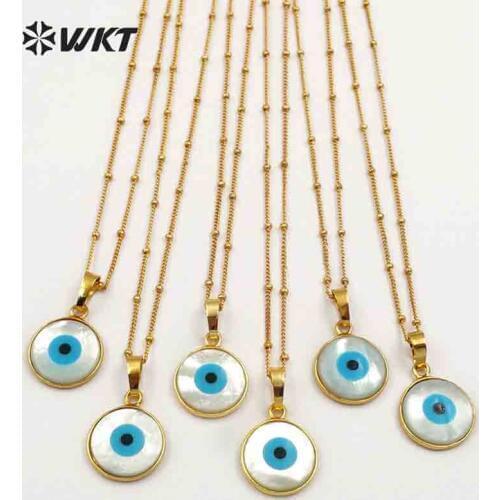 WT-JN048 Round Shape Evil Eye Pendant Natural White Shell With Gold Bezel Pendant Necklace For Women Jewelry Gift For Female