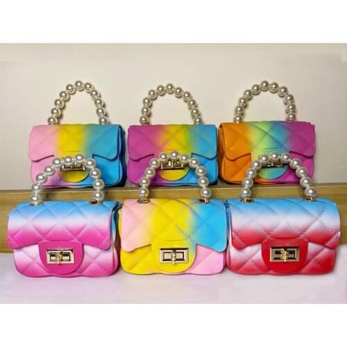 2021 New Small Jelly Bag Women PVC Spray Color Gradient Pearl Handbag Chain Shoulder Crossbody Bag Lady Fashion Tote Wholesale