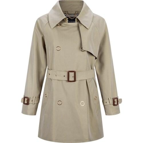 2021 New Womens Coat Metal Clasp Decoration Cotton Medium Length Womens Windbreaker Double Breasted Lapel Straight Coat C105