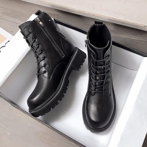 Pop Black Platform Combat Ankle Boots For Women Lace Up Buckle Strap Woman Shoes Winter Biker Boots size 40 women shoes