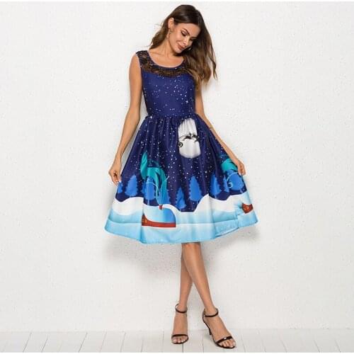 Women Summer Dress Boho Style Snow night small house Print Lace Panel Christmas Dresses Chiffon Beach Dress Party Dress