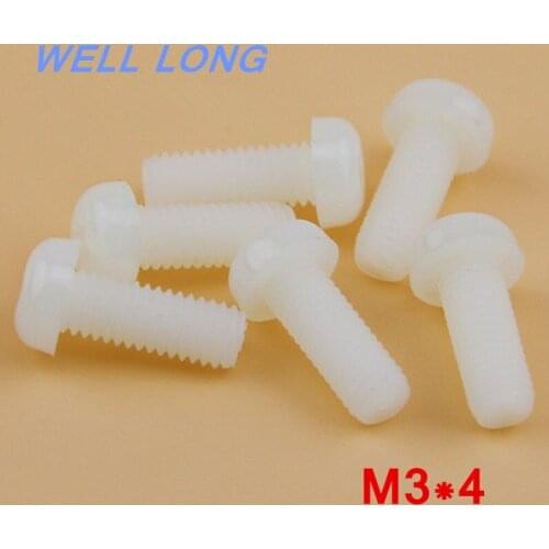 100pcs/lot M3*4mm White Round head cross nylon screws, pan head plastic screws, plastic bolts
