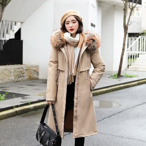 2021 Womens Down Parkas Winter Jacket Big Fur Collar Thick Slim Coat Fashion Hooded Cotton Outerwear Long Winter Woman Coat