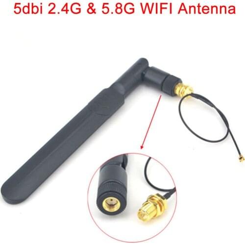 5 piece/lot wifi Antenna 2.4Ghz/5.8ghz Omni dual-band 5dbi RP SMA male + Mini PCI U.FL to RP SMA Female 1.13 Pigtail Cable 17cm