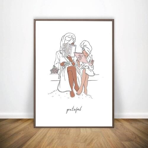Mother and Daughters Bathroom Illustration Posters Abstract Minimalist Wall Art Canvas Print Painting Modern Decorative Pictures