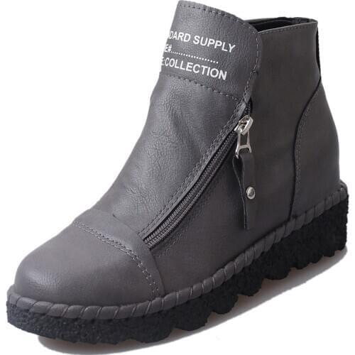 Wedge Ankle Boots Brown Gray Black Womens Boots Leather Fashion Double Zipper Female Shoes Botas De Invierno De Las Mujeres 2020