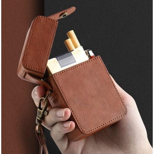 20 Stick Cigarette Cases Lighter Portable Leather Case Protection Box With Hand Hanging Keychain Anti-stress Gift For Men