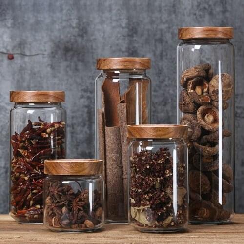 Wood Lid Glass Airtight Canister Kitchen Storage Bottles Jar Sealed Food Container Tea Coffee Beans Grains Candy Jars Containers