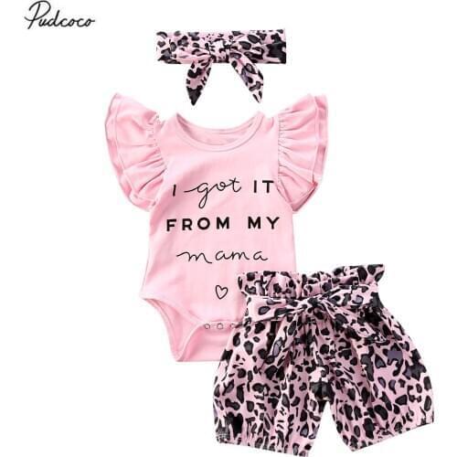 Kid Toddler Baby Girls Flying Sleeve Letter Print Romper+Leopard Shorts+Bowknot Headband 3-piece Set