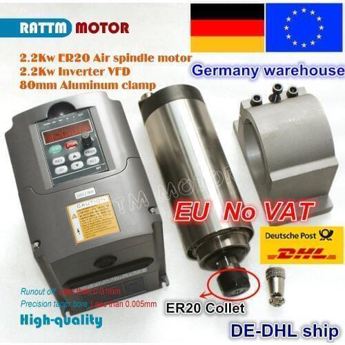 EU free VAT 2.2KW Air-cooled spindle motor ER20 runout off 0.01mm & 2.2KW VFD 220V Inverter 220V & 80mm Clamp aluminium for CNC