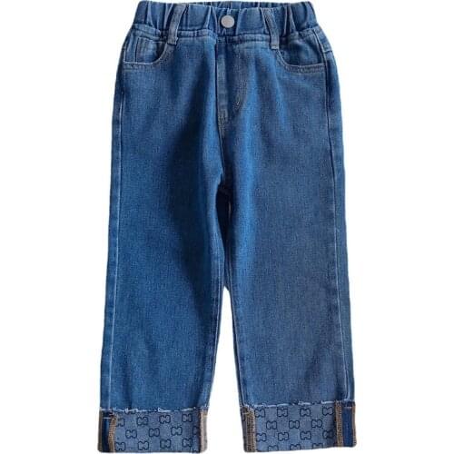 Girls 2021 Spring Autumn Wide Leg Denim Pants Solid Elastic Waist Kids Jeans Korean Straight 2-7 Years Old Childrens Trousers