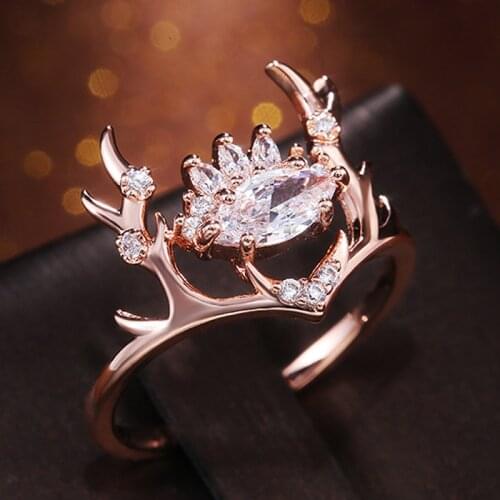 Exquisite Cute Elk Antler Womens Ring Fashion White Zircon Crystal Ring Birthday Anniversary Jewelry Valentines Day Xmas Gift