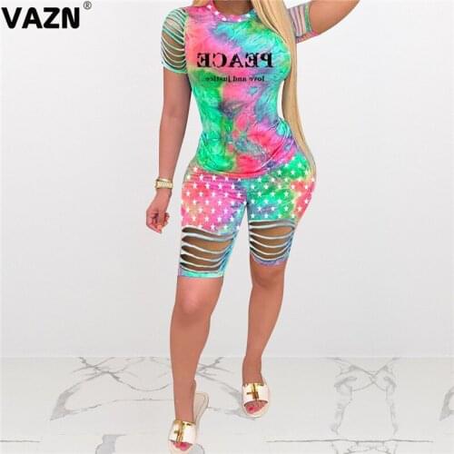 VAZN 2020 New Summer Fashion Colorful Tie Dye Pattern Letter Print Spliced Two Piece Set Sexy Tops Short Hole Pant 2 Pieces Set