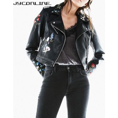 JYConline Autumn PU Leather Jackets Women Embroidery Coat Women Jacket Punk Motorcycle Zipper Ladies Basic Jackets Short Outwear