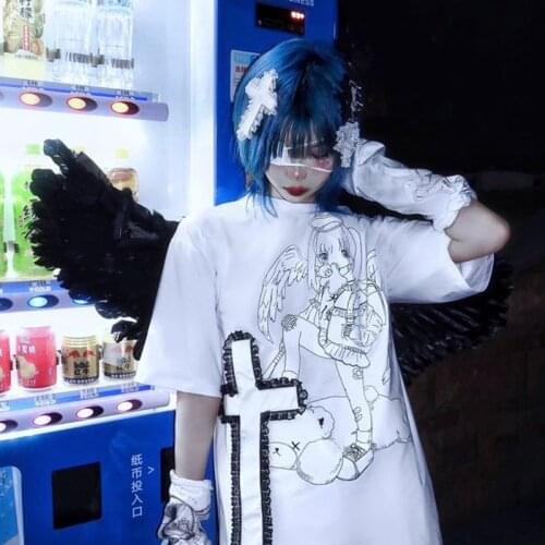 Summer Harajuku T-Shirt Punk Gothic Lace Y2K Japanese Cartoon Anime Angel Girl Dark Streetwear Chic Loose Casual Female JK Tops