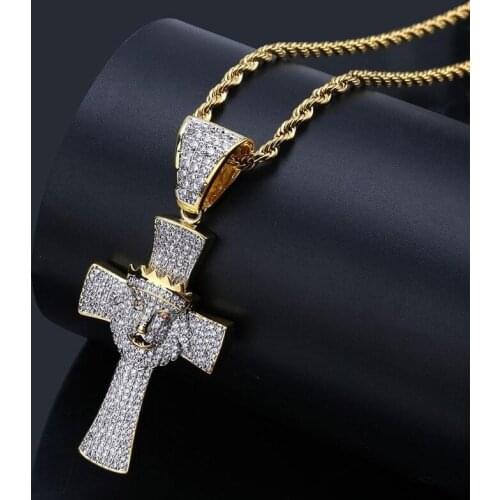 Micro Paved AAA+ Cubic Zirconia Bling Iced Out Gold Crown Lion Cross Pendants Necklace for Men Boys Hip Hop Rapper Jewelry