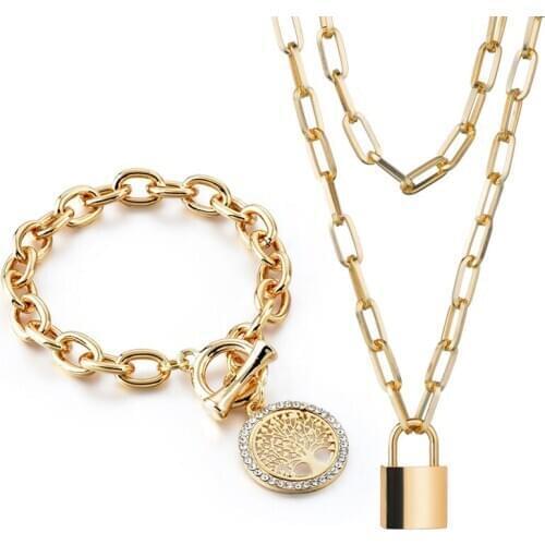 LongWay Punk Rock Disco INS Multi-layer Lock Pendant Necklace Vintage Tree Charm Bracelets Gold Jewelry Set For Women SET200001
