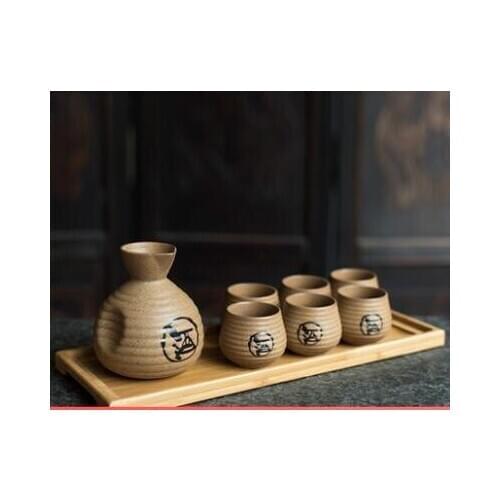 Japanese sake porcelain wine set one pot six cups rough pottery handmade creative retro white yellow ceramic wineware 7pcs