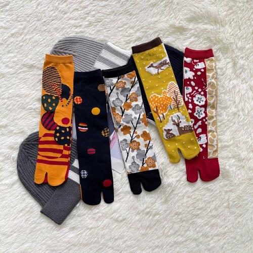 Women Colorful Jacquard Two-Toed Socks Combed Cotton Soft Breathable Split Toe Socks Funny Chic Plants Floral Striped Tabi Socks