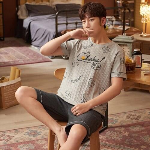 New O-Neck Cotton Men Pajamas Set Summer Short Sleeve Shorts Nightwear Plus Size Leisure Gray Sleepwear Funny Cartoon Homewear