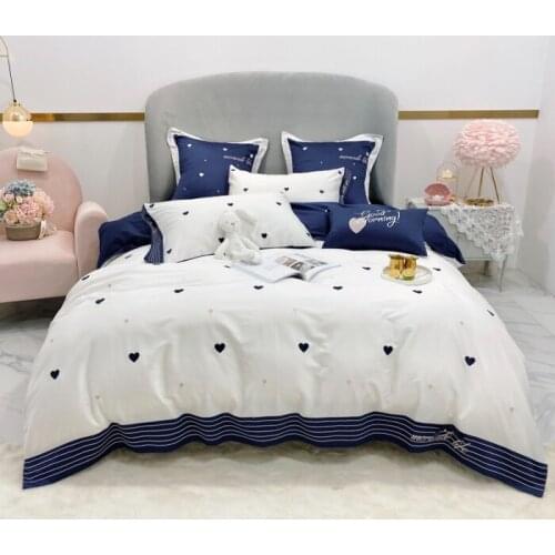 Blue heart embroidery bedlinen Bedding Set King Queen Size Bed Linen 600TC egyptian Cotton Duvet Cover Bed Sheet Set Pillowcases