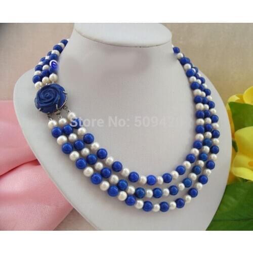 Stunning 3rows 7-8mm round white freshwater pearls blue lapis lazuli necklace