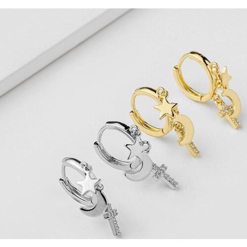 1 Pair Sweet Star Moon Crystal Cross Hoop Earrings for Women Fashion Wedding Party Simple Dangle Earrings Jewelry Gifts