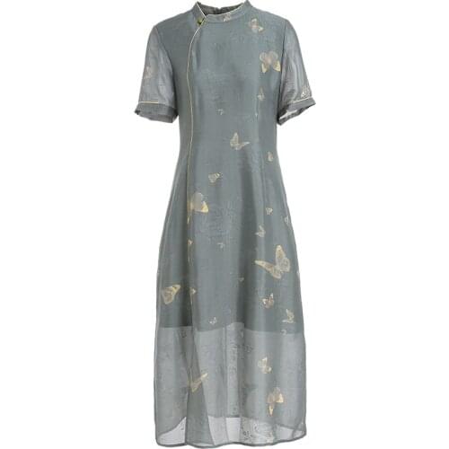Gowani Woman Summer Silk Dress Elegant Butterfly Printed Dress Casual Cheongsam Qipao