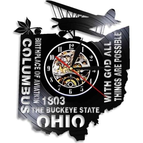 USA Ohio State Wall Clock Birth Place Of Aviation Airplane Wall Art Columbus City Skyline The Buckeye State Clock Wall Watch