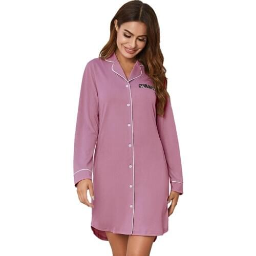 Spring Long Sleeve Sleep Shirt Women Lapel Solid Color Cotton Nightdress Casual Sweat-absorbent Breathable Homewear PL1