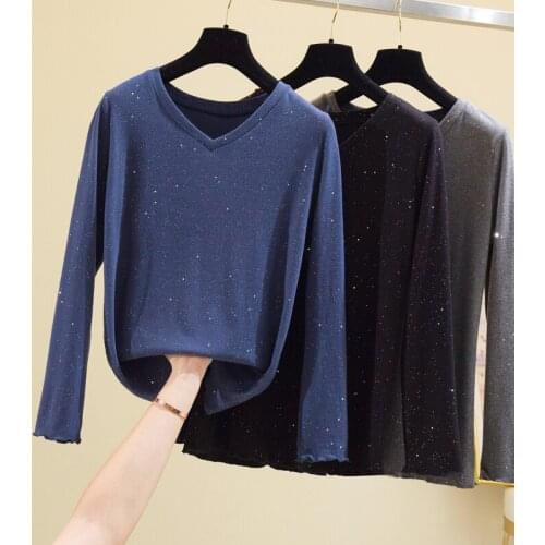 Black V-Neck Long Sleeved Plus Size Korean Autumn Elegant Fashion Blouses And Tops WomenS Oversize T-Shirt Clothing 2021 Female