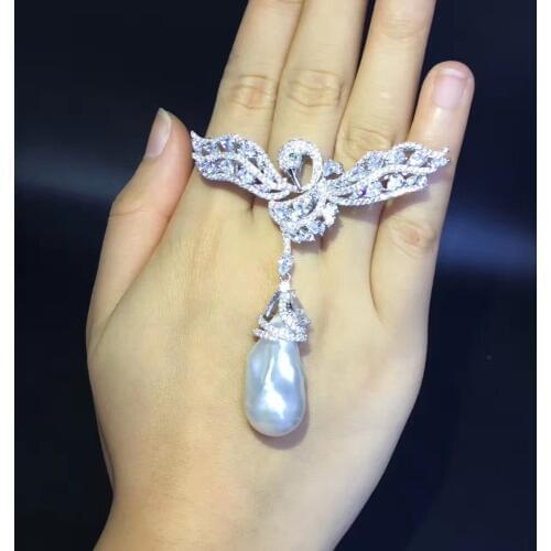 Barqoue 925 sterling silver swan brooch pins natural fresh water pearl brooch fine women jewelry free shipping