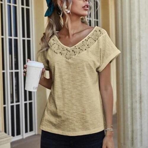 2021 New Style Women T-shirt Lace V Neck Summer Comfortable Short Sleeve Loose Top for Dating