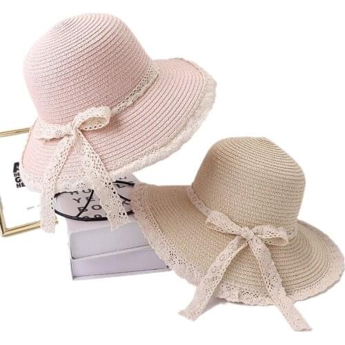 Straw Hat Ladies Summer Sun Hat Large Brim Seaside Beach Hat Lace Bow Fisherman Hat Foldable Sun Hat Wholesale