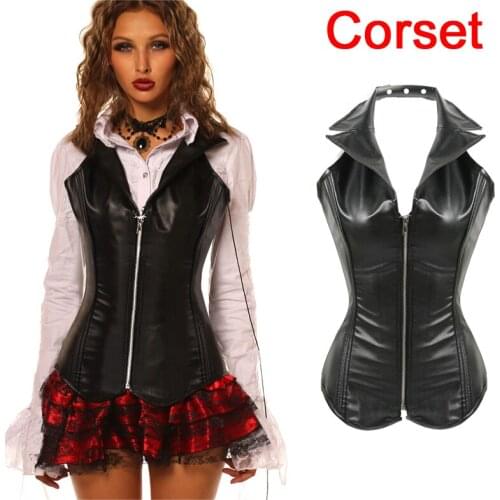 Women Leather Bodysuit Palace Corset Hanging Neck Chest Support Vest Shapewear Womens Plus Size Tights Black Shapewear XS1687